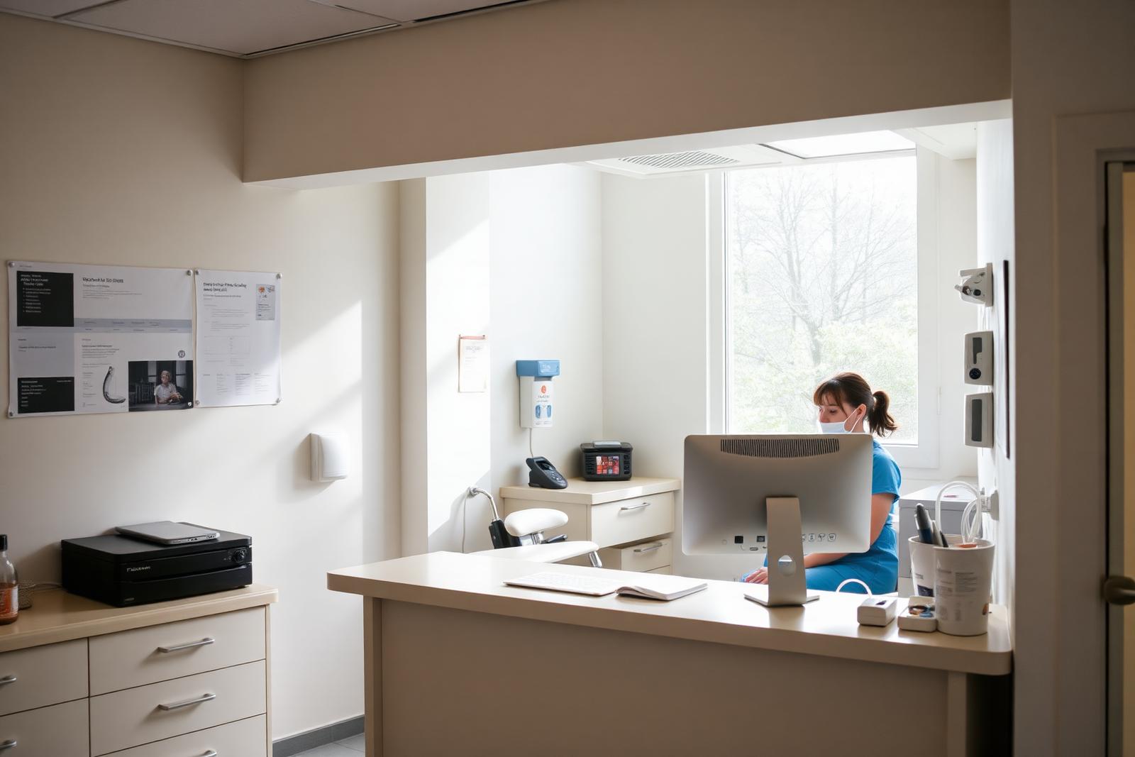 Fogorvosi rendelő recepciója, asszisztens a számítógépnél dolgozik