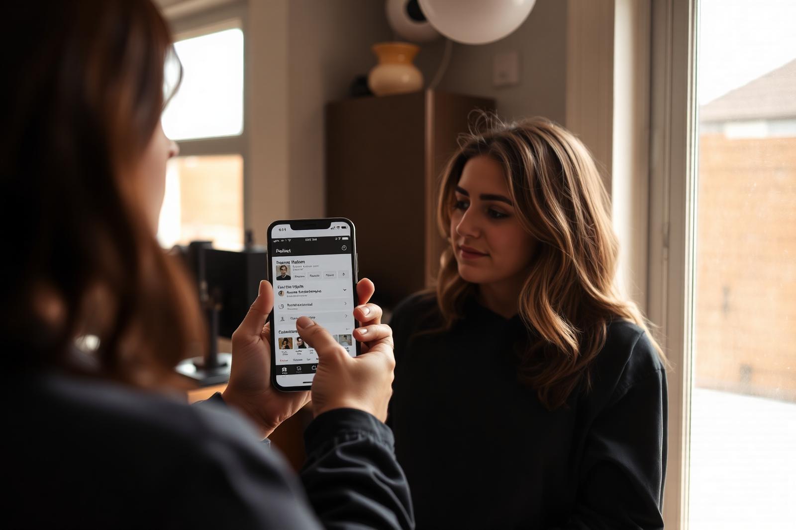 Fodrász a vendégével együtt nézi a szalon időpontfoglaló oldalát telefonon