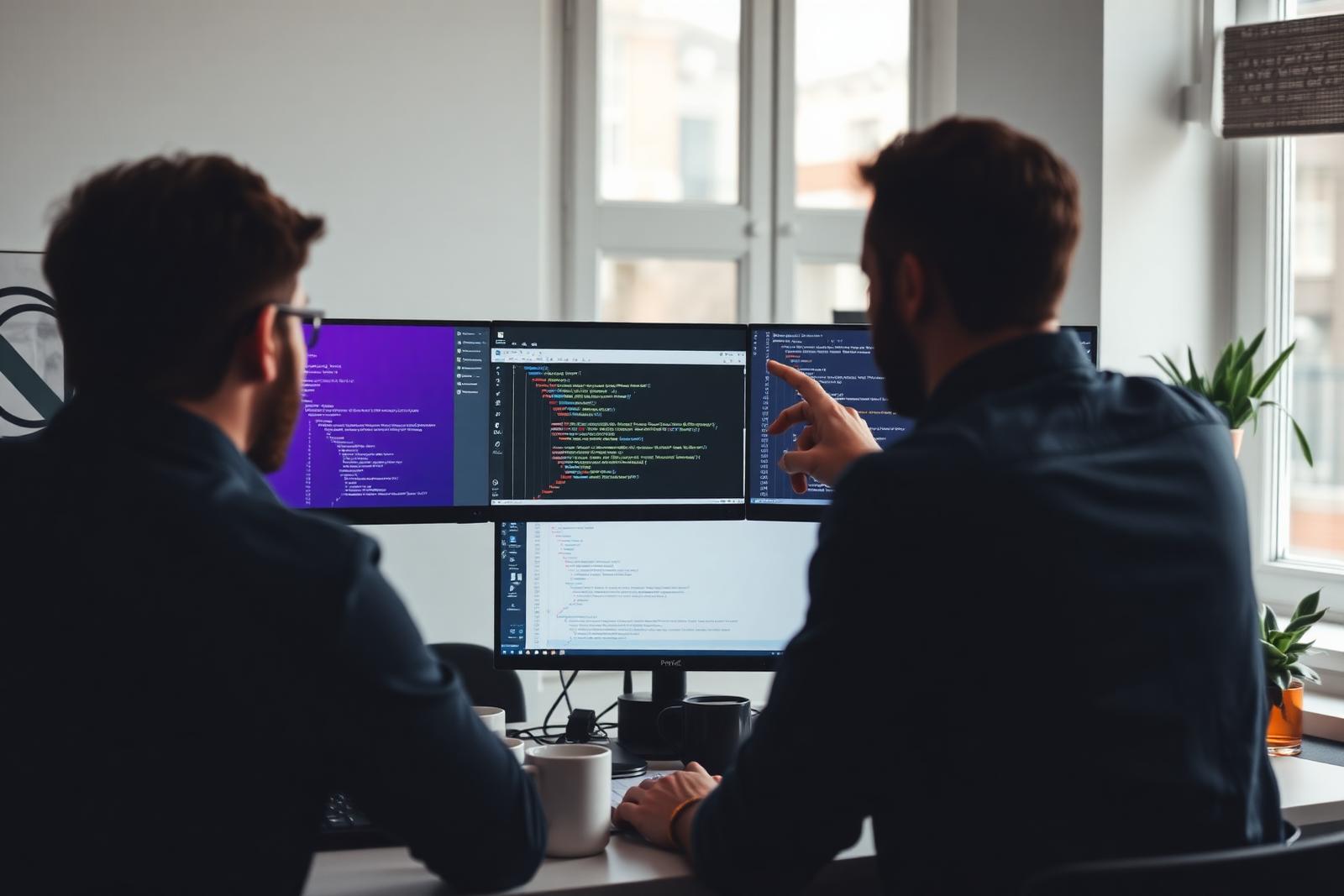 Két fejlesztő egy felújított weboldal felépítését nézi át a monitorokon