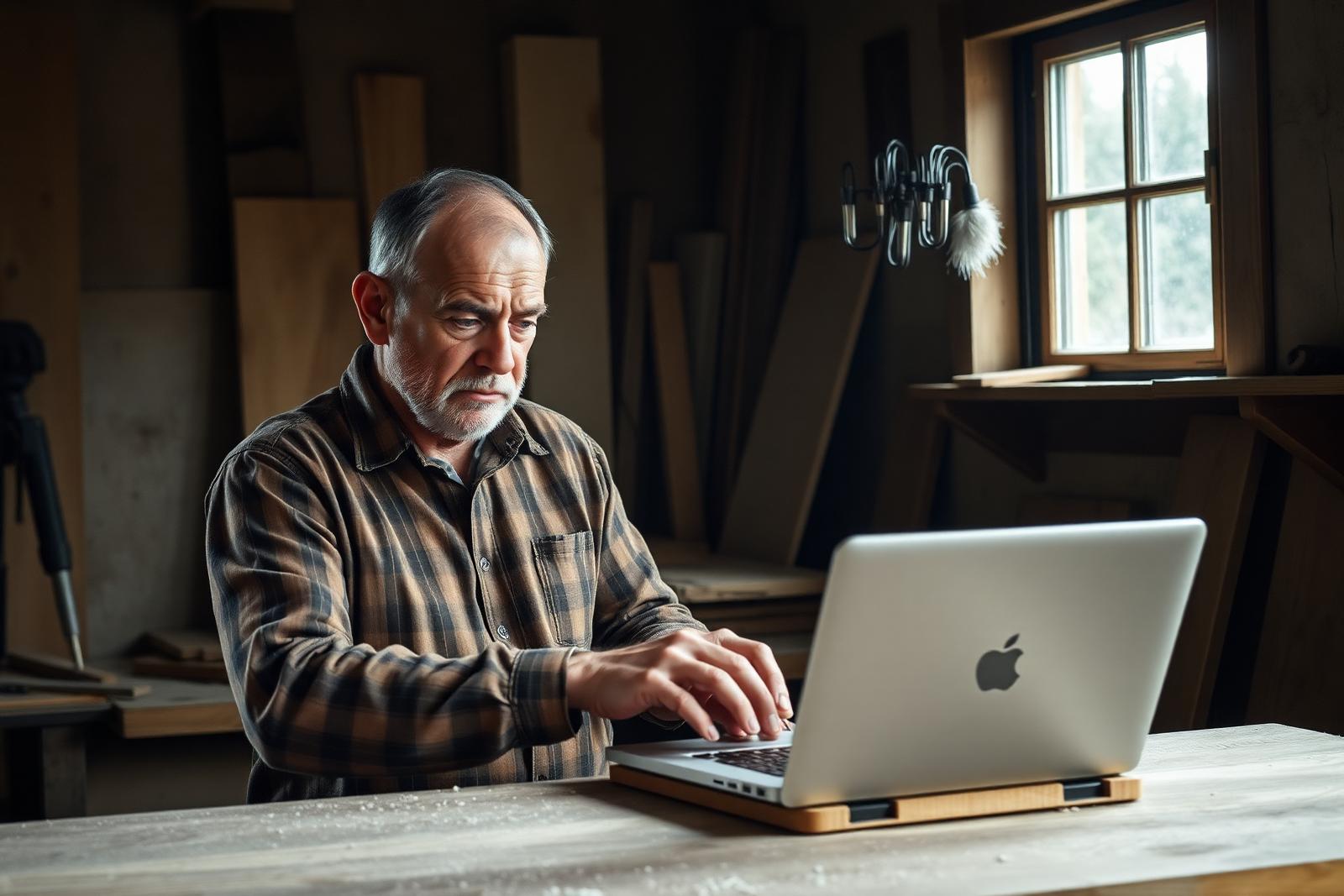 Asztalos a műhelyében a saját weboldalát nézi egy laptopon